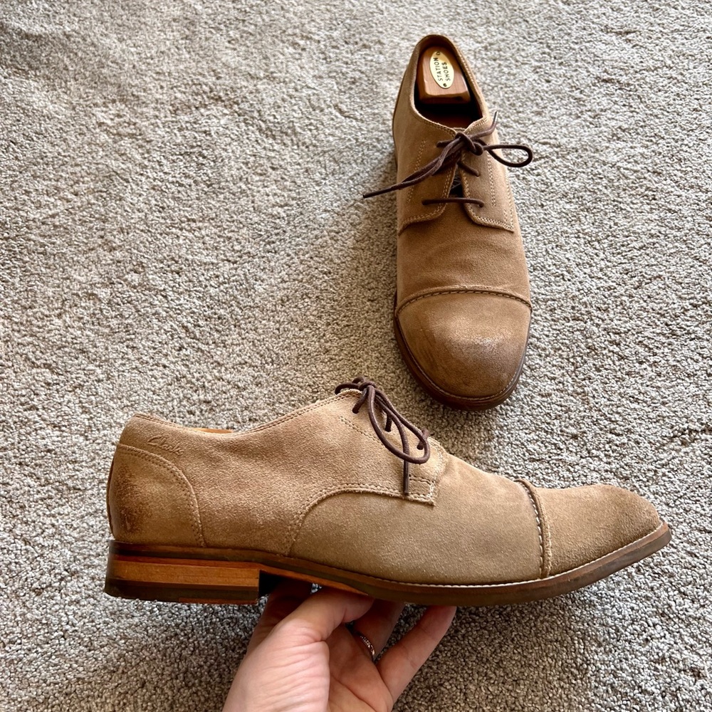 CLARKS Exton Men’s Size 12 Oxford Tan Suede Cap Toe Lace Up Derby